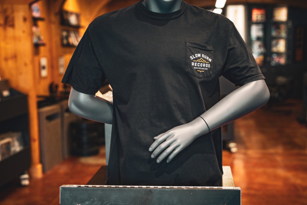 Mountain Tee Black shirt wear by mannequin