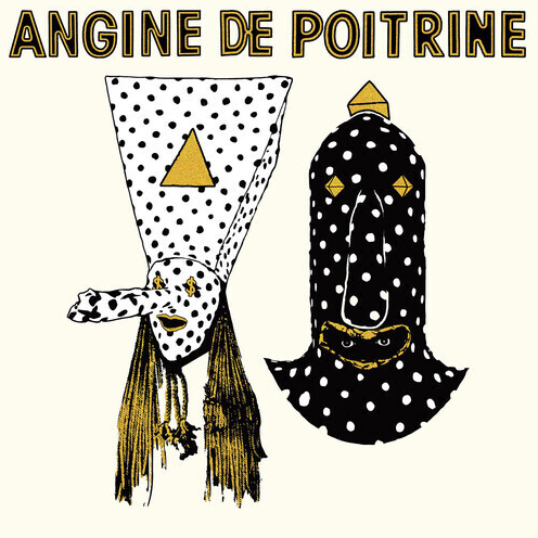 Angine de Poitrine album cover with band name and illustrations of members wearing dotted hats and masks with long noses