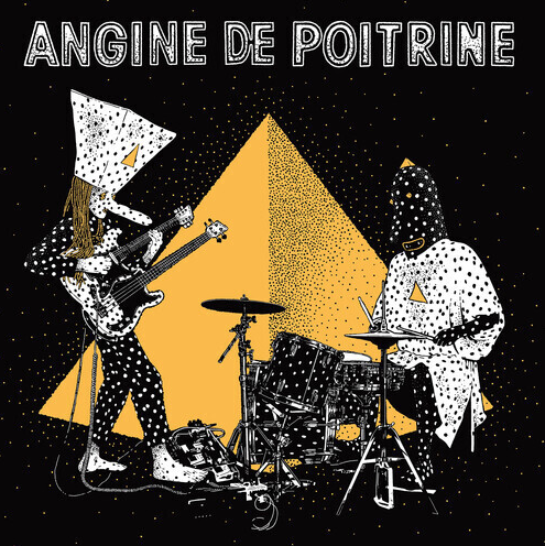 Angine de Poitrine album cover with band name and illustrations of members wearing dotted hats and masks with long noses
